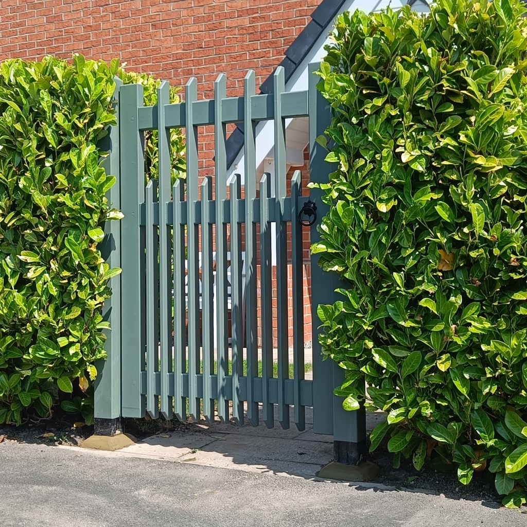 Tall picket front gate in gap in hedge. Pickets are deep in style, recessed into the fence rails and are painted in Farrow & Ball Green Smoke paint